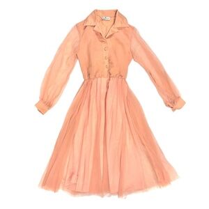 Jack Rogers Midi Dress Womens Small Peach 1960s Vintage Sheer Collared Button Fr